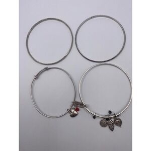 Lot of 4 Silver Tone Bangle Bracelets Charm Expandable Wire Heart Love Stackable